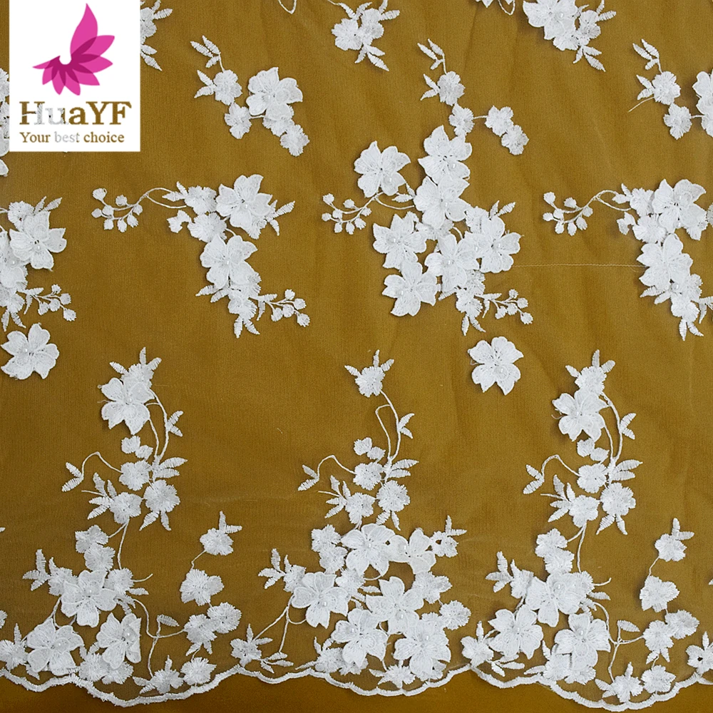 High Quality 3D Embroidered Floral Lace Fabric with Pearls for Baptism Gowns and Flower Girl Dresses 5 Yards HY2370