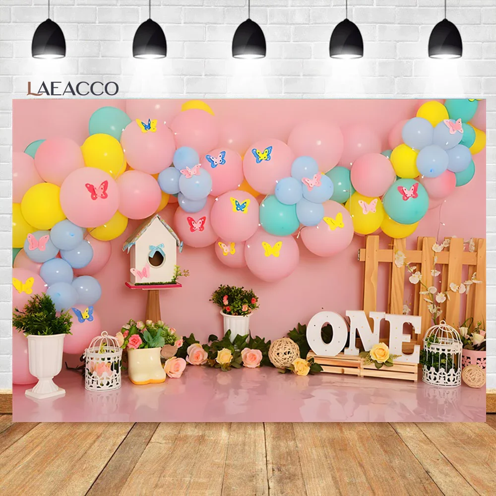 

Laeacco Girls 1st Birthday Backdrop Pink Interior Balloons Butterfly Cake Smash Party Decor Baby Portrait Photography Background