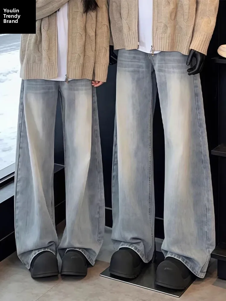 

Retro Blue Bamboo Texture Men's Flared Jeans American Vibe CleanFit Straight Knife Pants High Waist Zipper Closure Daily Wear