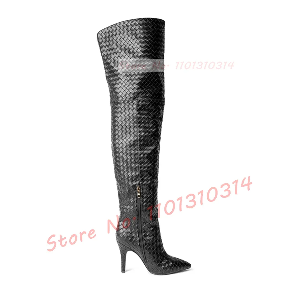 White Woven Thigh High Boots Ladies Sexy Back Hollow High Heels Boots Pointed Toe Street Style Women Side Zipper Casual Shoes