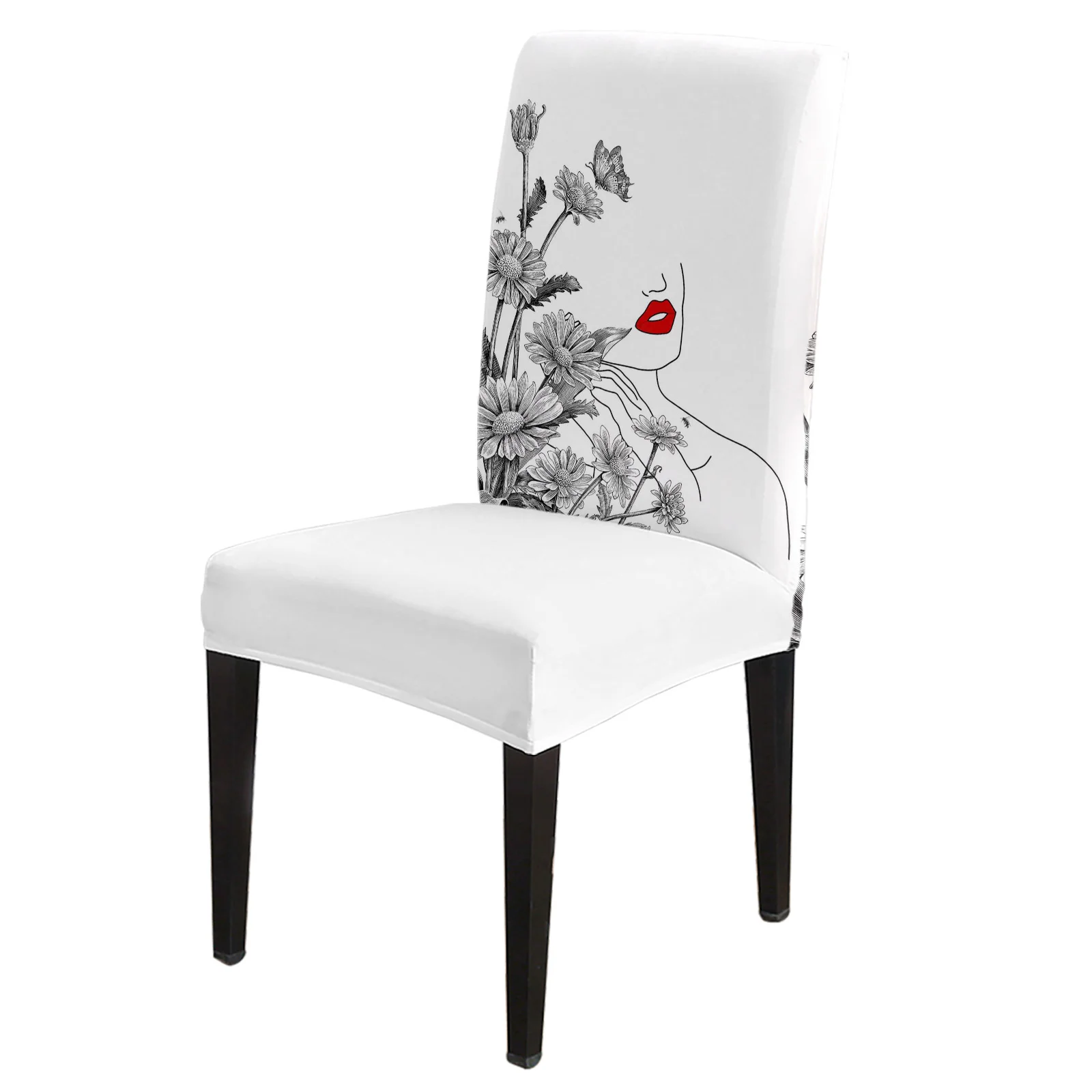 Flower Daisy Female Line Red Lips Dining Chair Cover 4/6/8PCS Spandex Elastic Chair Slipcover Case for Wedding Home Dining Room