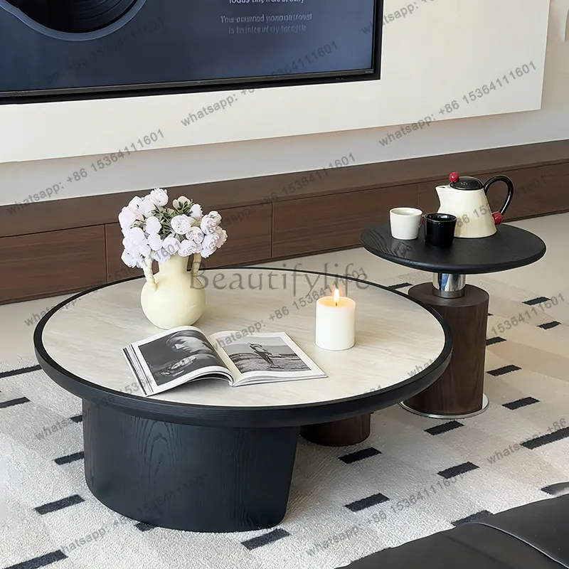 YJ Medieval travertine rock slab coffee table combination Italian light luxury high sense 2026 new living room small apartment c