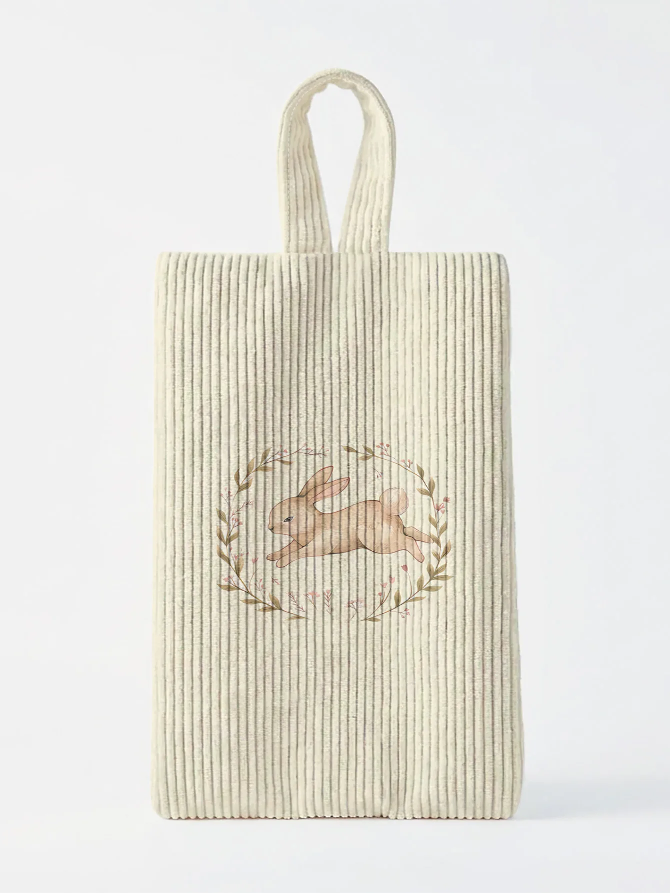 Vintage Wreath Rabbit Print Corduroy Vertical Storage Bag, Handheld Fabric Organizer for Underwear and Socks