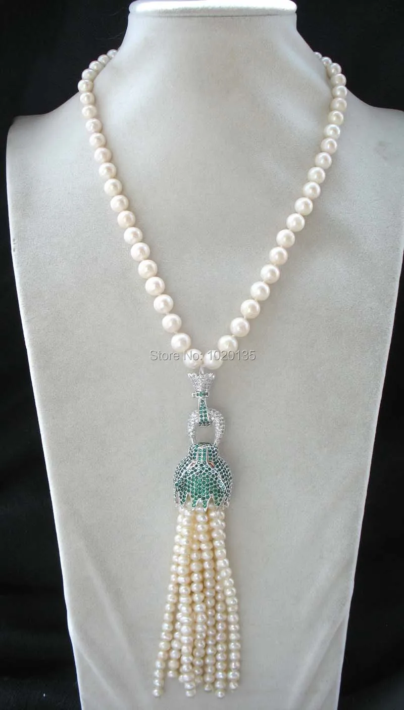 

freshwater pearl white round 9-10mm and green leopard clasp necklace 18" tassel