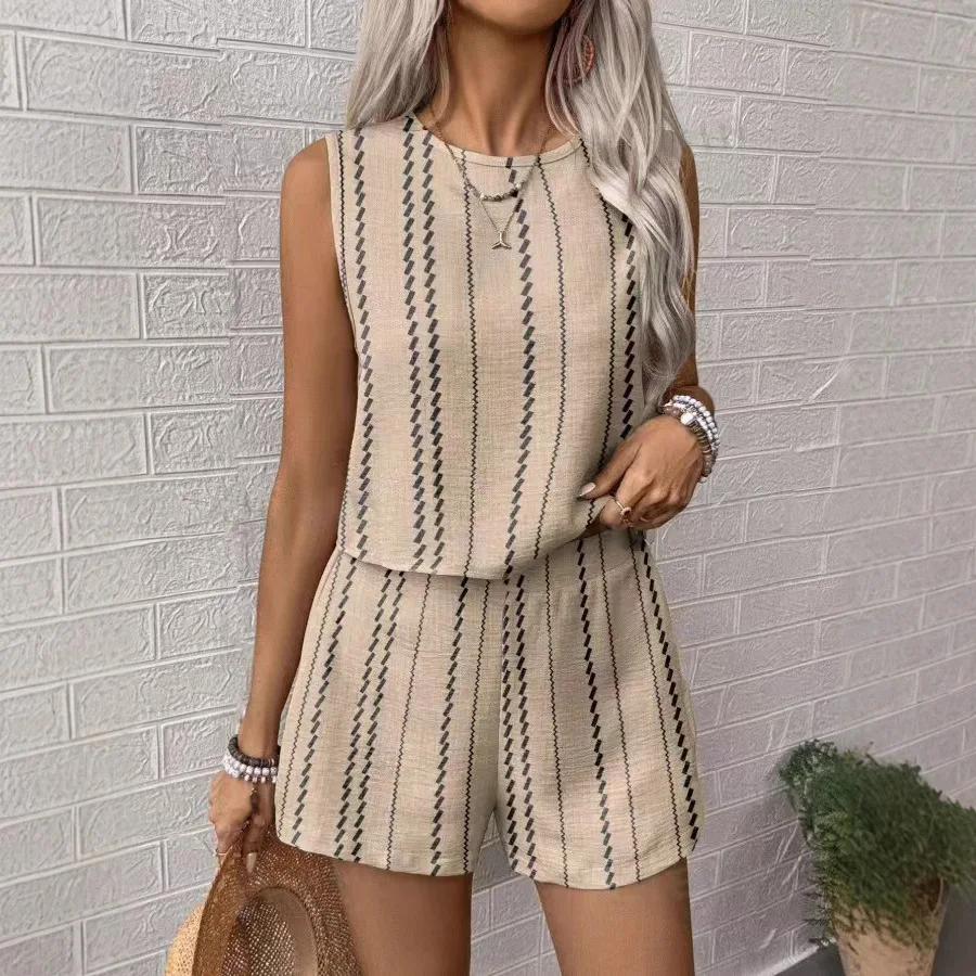 

2025 Women Summer New Striped Top Sleeveless Suit Fashion Round Neck Pullover Shorts Two-Piece Set Casual Women's All-Match Set