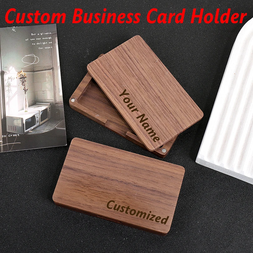 Wooden Custom Name Business Card Holder Personalized Box Magnetic Clasp Laser Engraving Office Customized Business Card Case