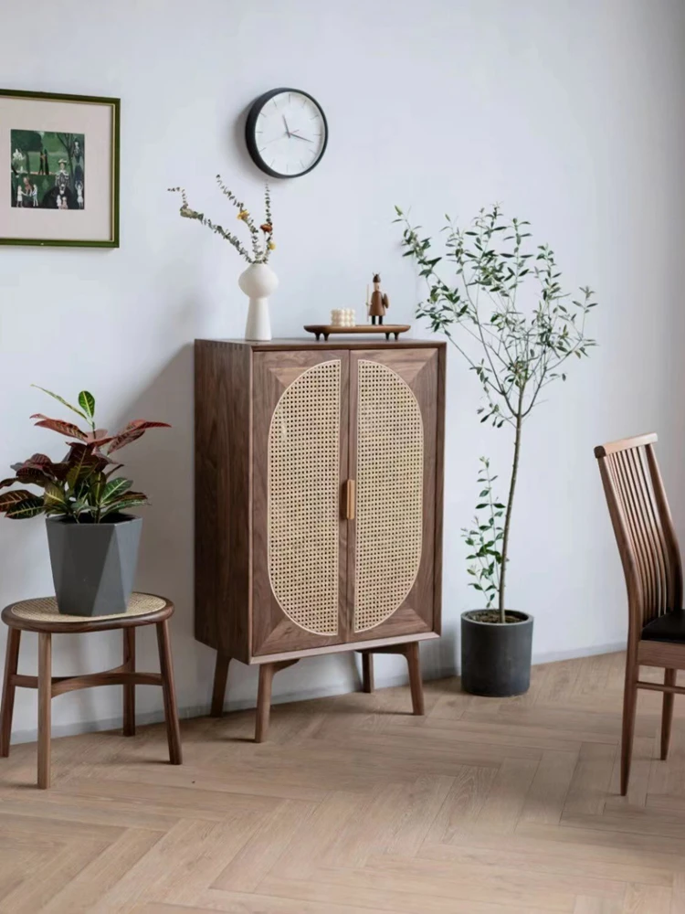 New Chinese North American black walnut rattan storage cabinet Song style aesthetic sideboard Zen wabi-sabi style furniture