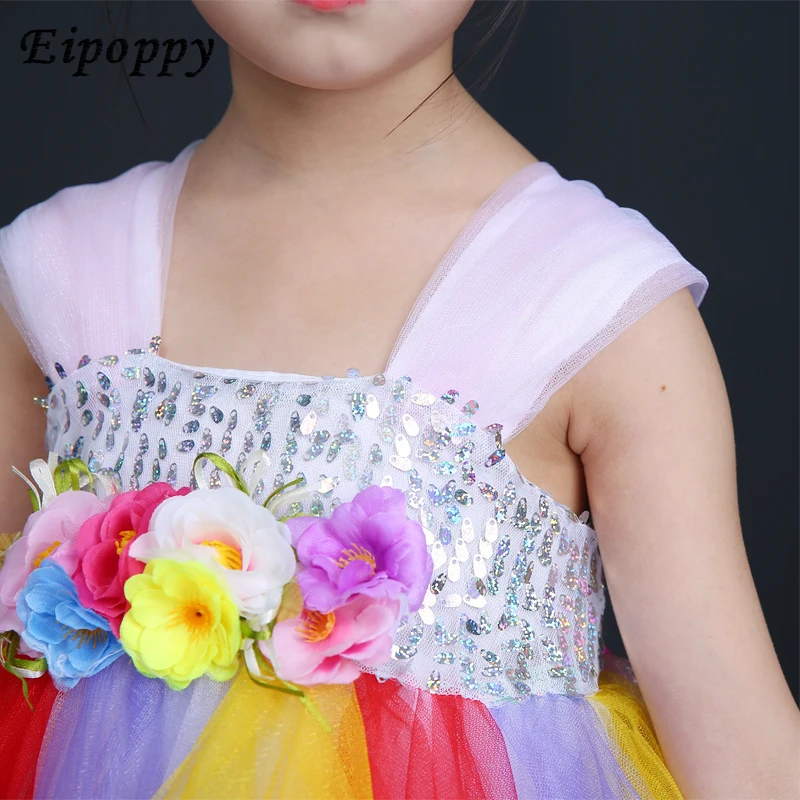 Chorus costumes custom dress sleeveless sequined sling Pompon veil colorful dance performance clothing women