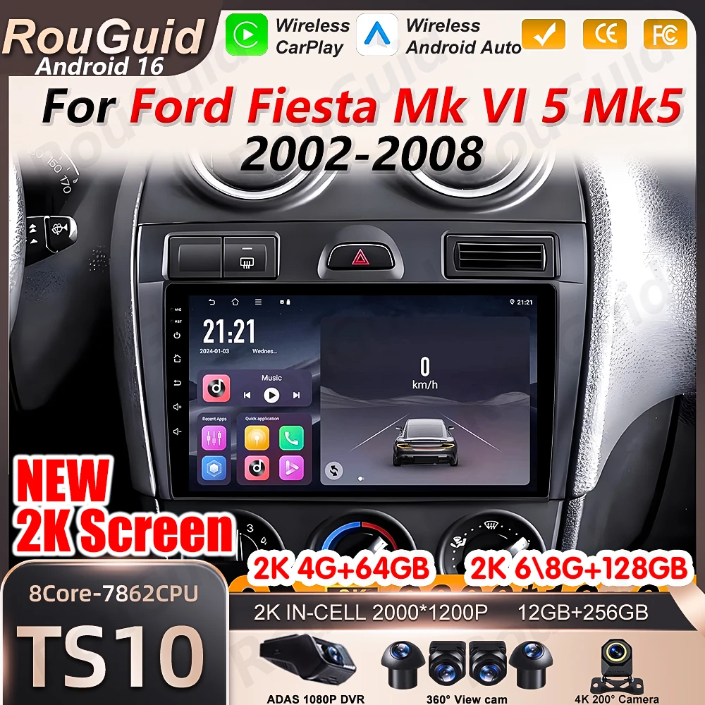 Android 16 Auto Car Radio For Ford Fiesta Mk VI 5 Mk5 2002- 2004 2005 2006 2007 2008 Navigation Stereo Carplay Multimedia Player