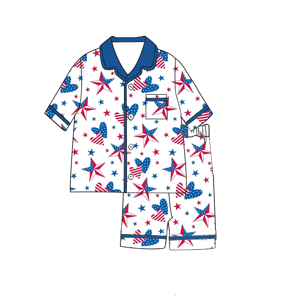 Boutique kids sets Lapel ruffles pocket short-sleeved shorts pajama set boys and girls independence Day print custom