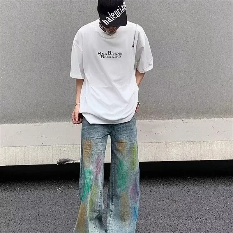 New Men's Rainbow Graffiti Printed Denim Pants Y2K Streetwear Baggy Jeans Blue Hip Hop Straight Jean Hombre Wide Leg Trousers