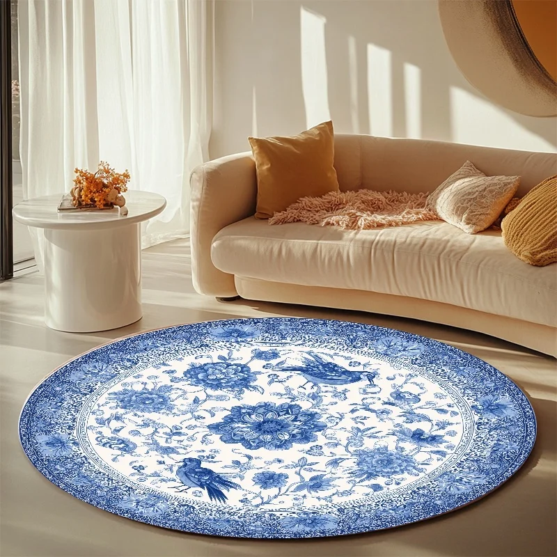 Blue and White Porcelain Round Area Rug, Chinese Chinoiserie Non Slip Circle Carpet, Washable Living Room Bedroom Mat