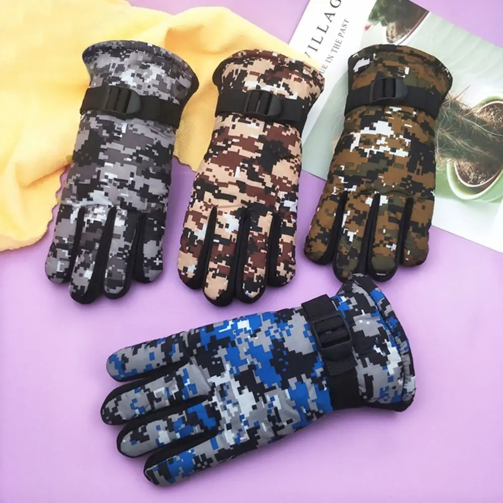 Camouflage Ski Gloves Kids Winter Thick Warm Velvet Full Finger Gloves Boys Girls Outdoor Snowboard Children 7-13 Years Old