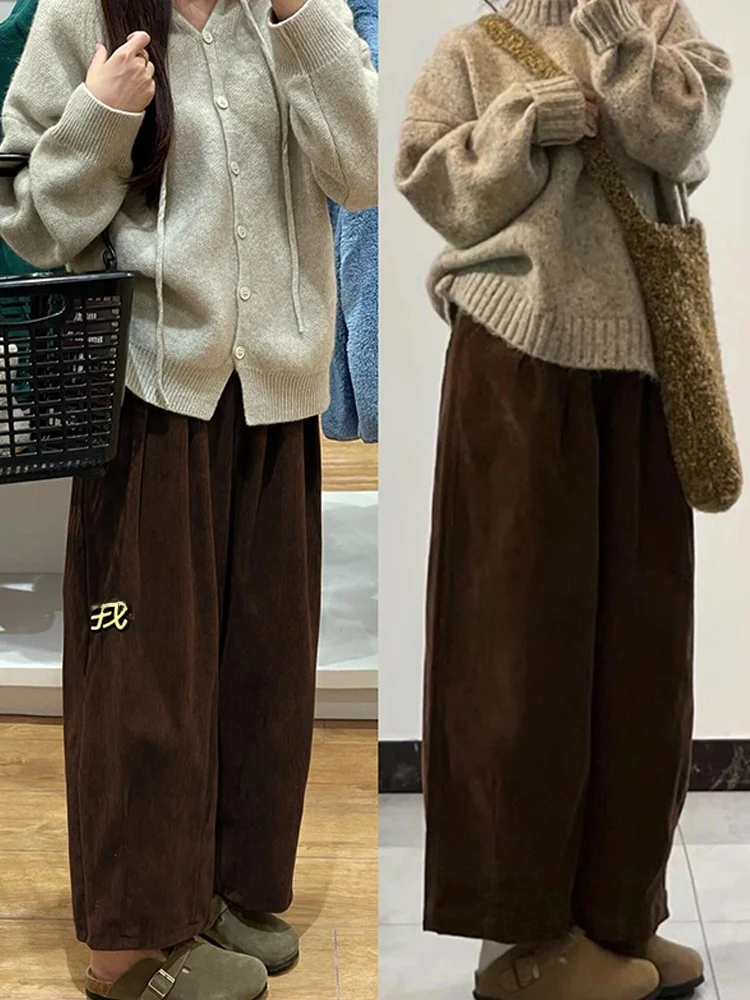 

Широкие вельветовые брюки больших размеров для женщин: модные, коричневые, повседневные, с высокой талией, удобные, дышащие, осенне-зимние