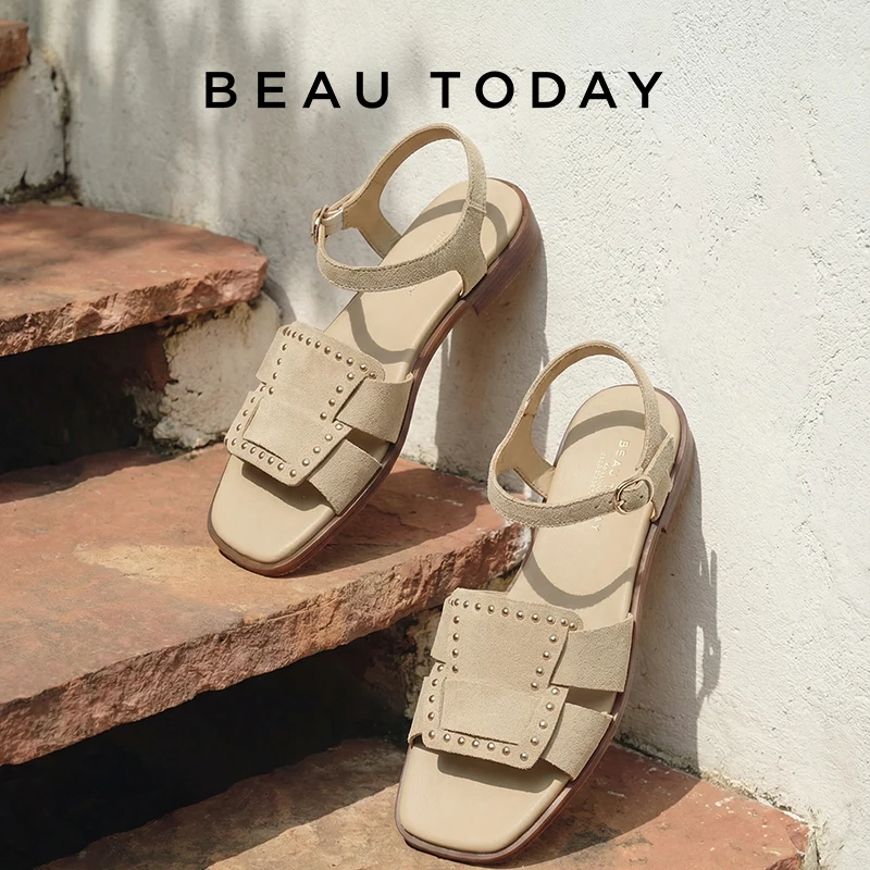

BEAUTODAY Flat Sandals Women Cow Leather Square Toe Solid Color Buckle Strap Leisure Summer Ladies Shoes Handmade 32505