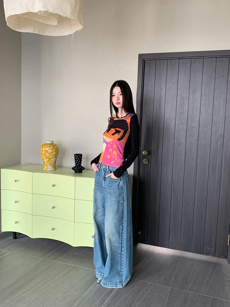 CHEERART Cat Funny Graphic T Shirts Long Sleeve Top For Woman Illustration Print Patchwork Cute Tees Designer Clothes 2025