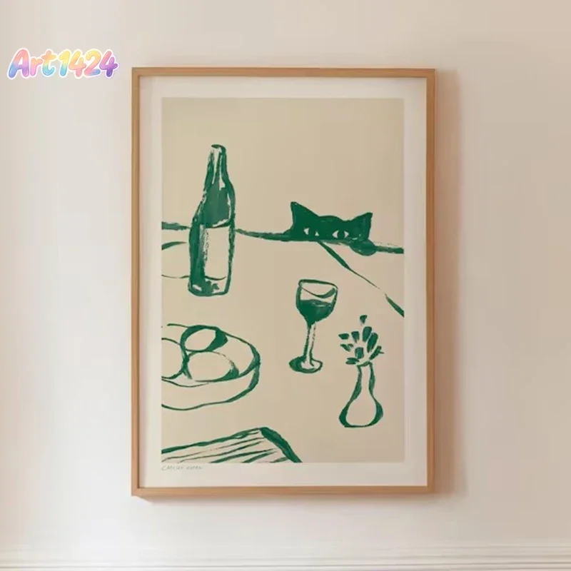 Sneaky Cat Dog Wine Canvas Print Kitchen Wall Art Bar Cart Decor Whimsical Animal Sketch Picture Scandi Dinner Party Poster