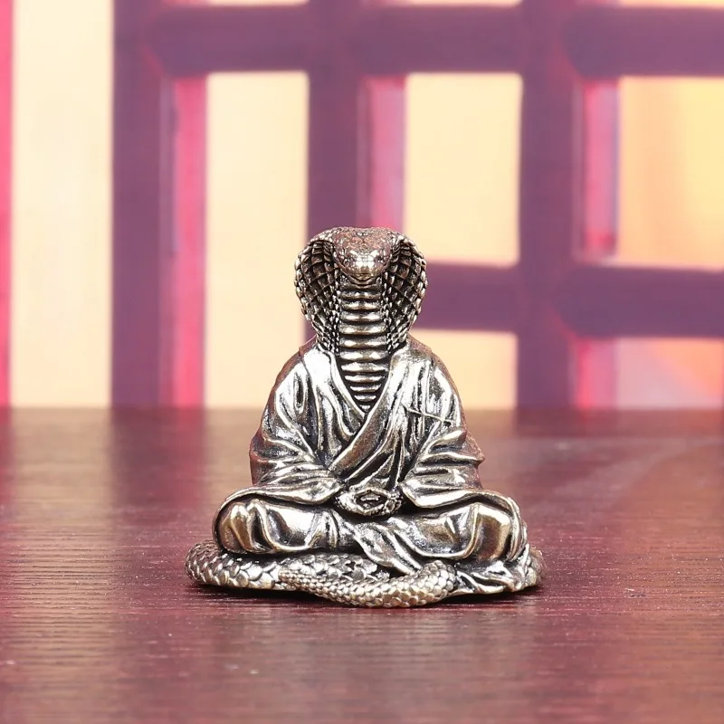 Vintage Brass Cobra Figurine, Meditating Snake Statue With Robe, Mini Desktop Tea Pet Ornament, Oriental Craft Collectible Decor