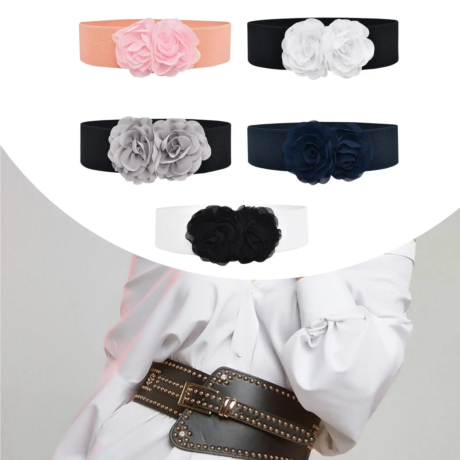 

Широкий эластичный пояс для женщин, массивный пояс с большим цветком для свитера, макси-рубашек