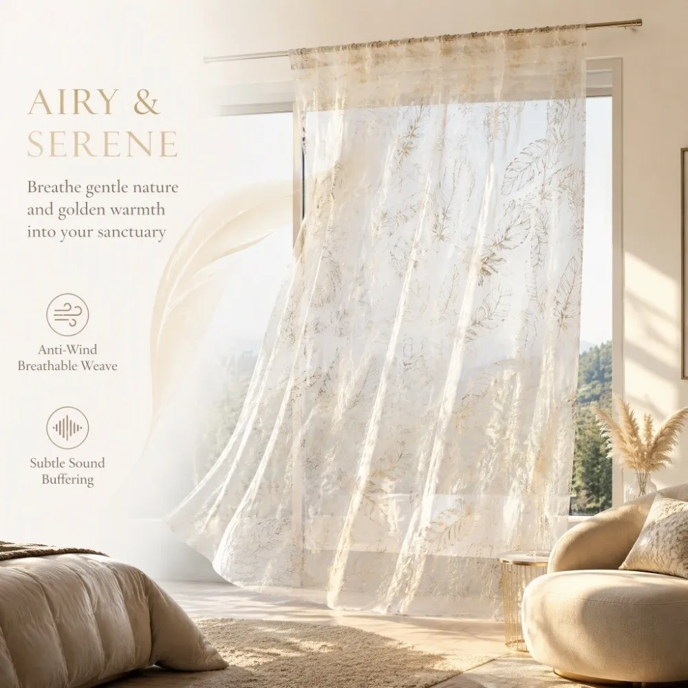 1 set Gold Foil Print Sheer Curtains Floral Pattern 52