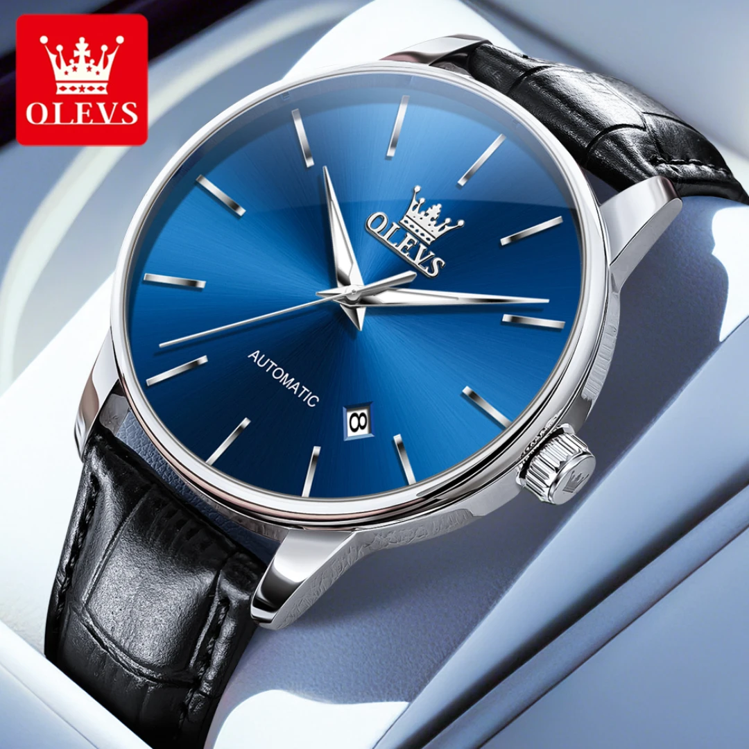 

OLEVS 6725, модные механические часы, подарок, круглый циферблат, ремешок для часов из натуральной кожи, наручные часы, светящийся календарь