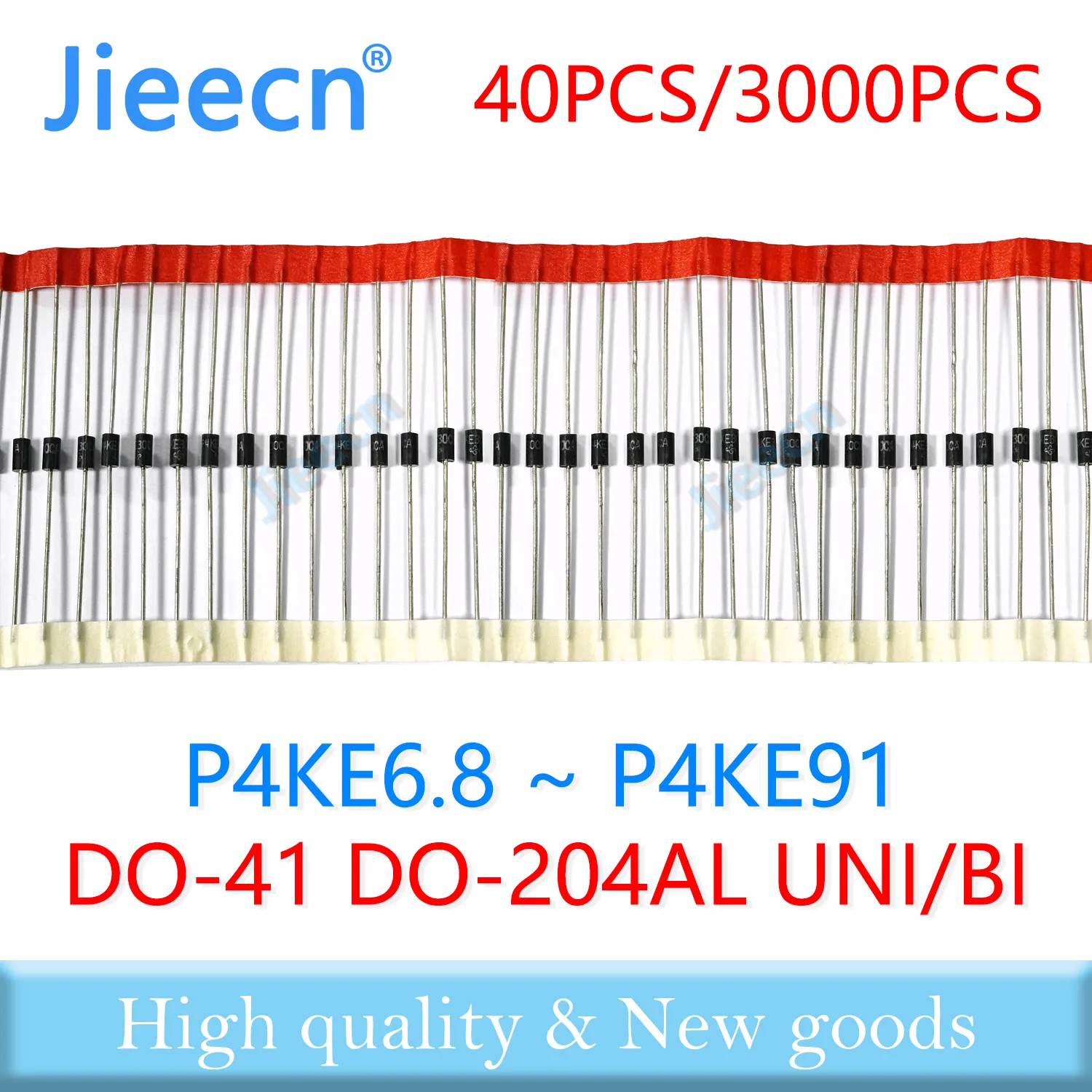 40/3000PCS P4KE6.8 - P4KE91 P4KE7.5 P4KE8.2 P4KE9.1 P4KE10 11 12 13 15 16 18 20 22 24 27 30 36 39 43 DO-41 P4KE TVS A CA BI UNI