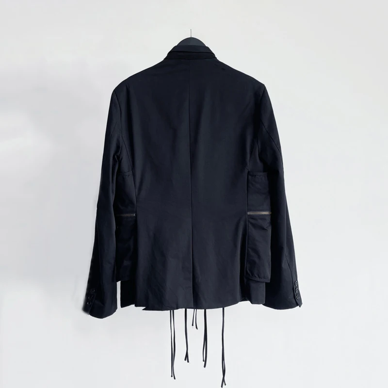 HKSH Spring Autumn New Men Tide Dark Safari Style Multi-Pocket Zippers Fake Two-Piece Blazer Coat Trend Fashion Punk Ins HK14866