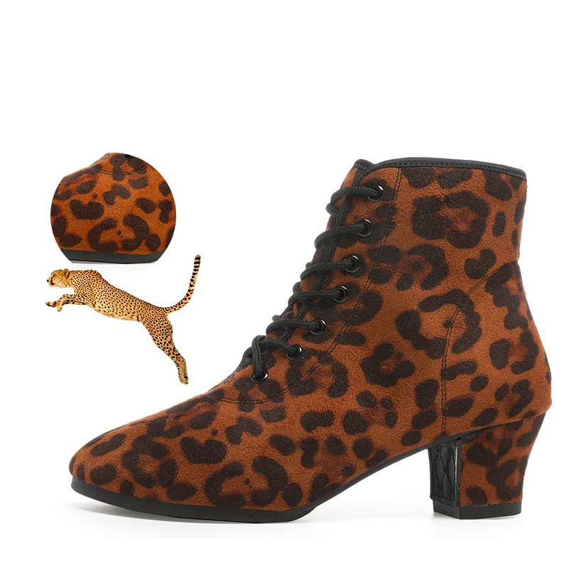 女性用ラテンダンスブーツローヒールクローズトゥ社交タンゴパフォーマンス練習指導ダンスシューズヒョウアウトドアソール