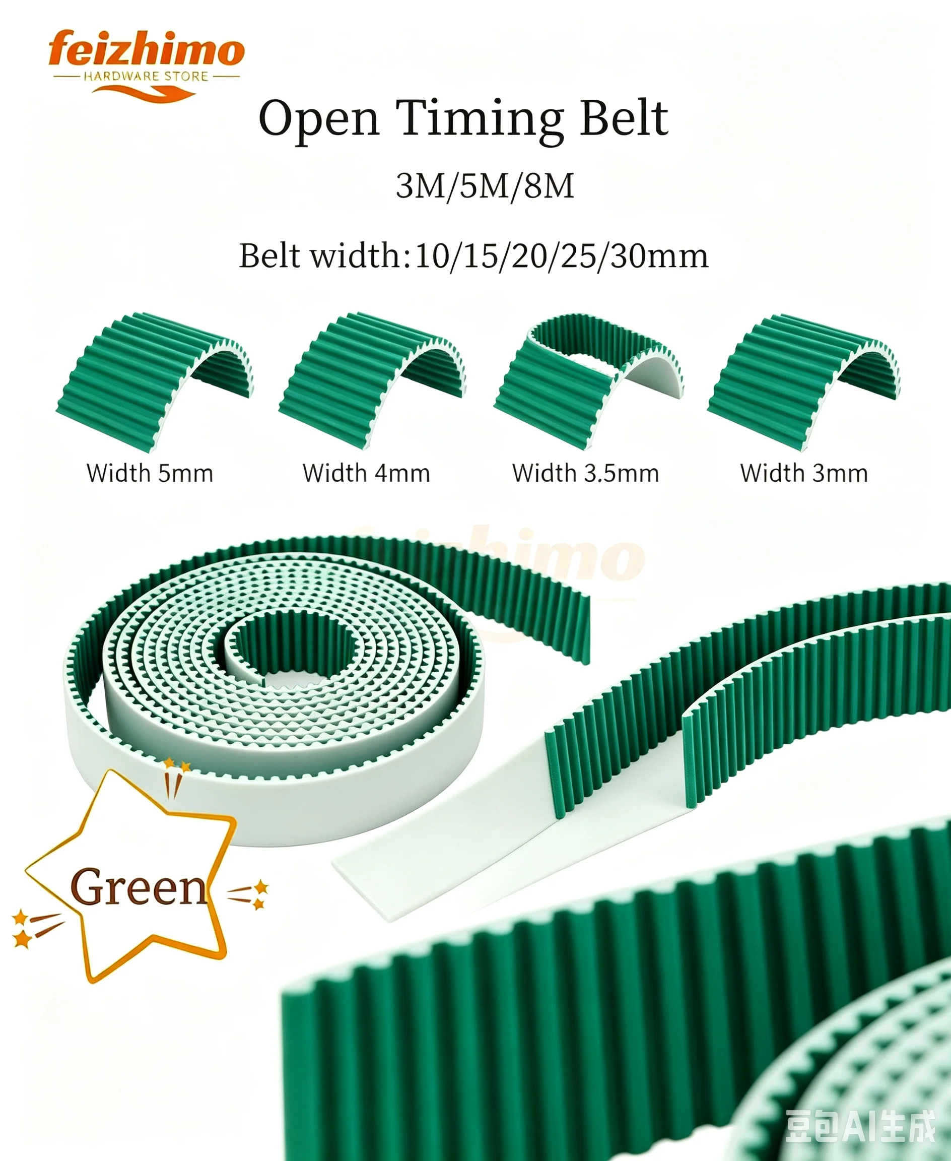 FeiMo HTD Open Timing Belt Synchronization 3M/5M8M Polyurethane Steel PU Green Sync Belt with Bandwidth Options 10/15/25/30mm