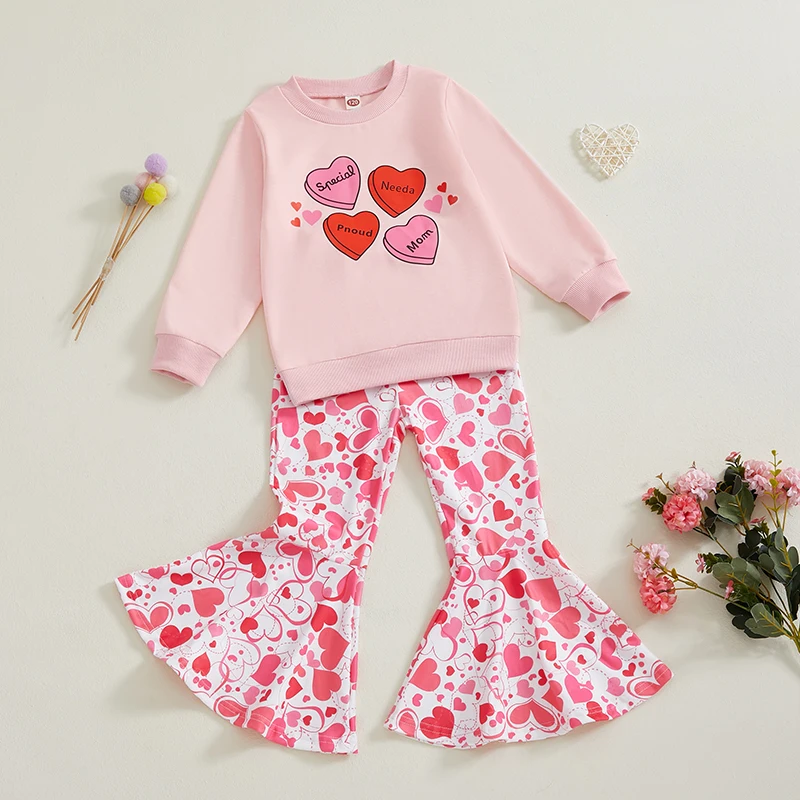 

Toddler Girl Valentine’s Day Outfits Long Sleeve Sweatshirt Heart Flare Pants Set Toddler Clothes - Adorable and Stylish