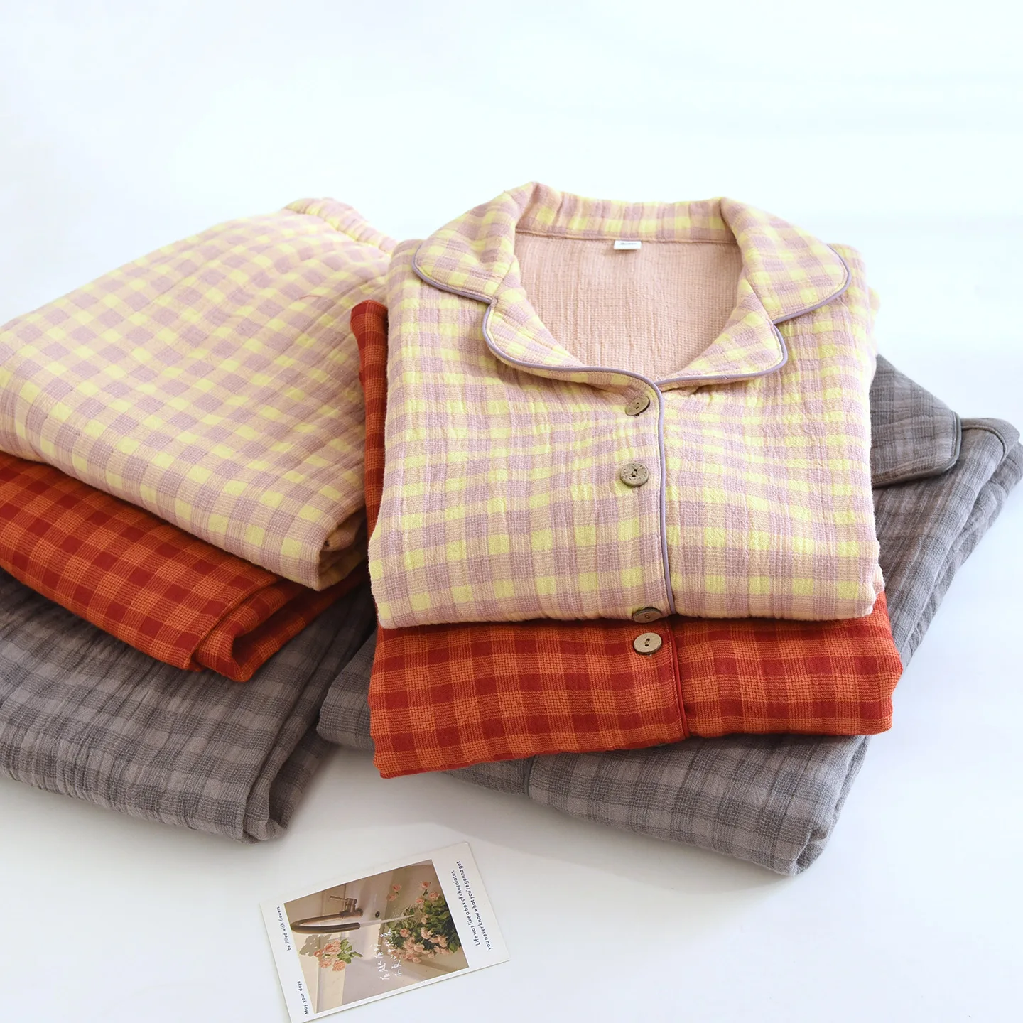 

Couples Pajamas Plaid Clothing Female Sleepwear Woman Nightwear Spring Autumn 100% Cotton Crepe Pyjamas Two-Piece Home Wear