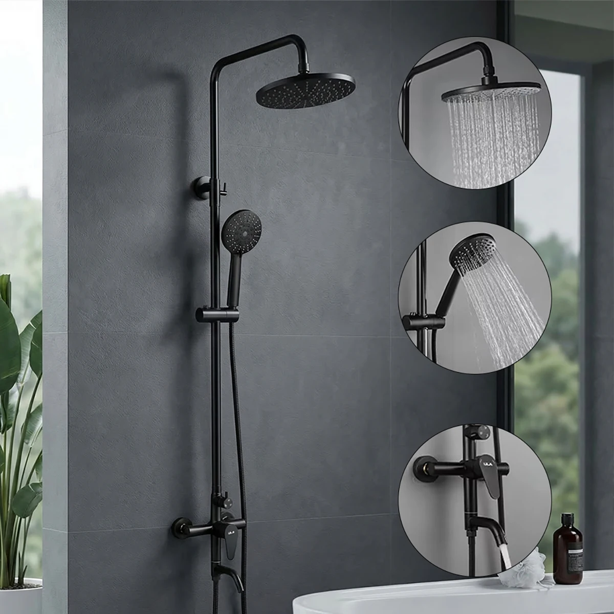 ULA Black Shower Faucet Mixer Tap Stainless Steel Bathtub Shower Mixer Faucet Rain Shower Head Set Rainfall Shower System