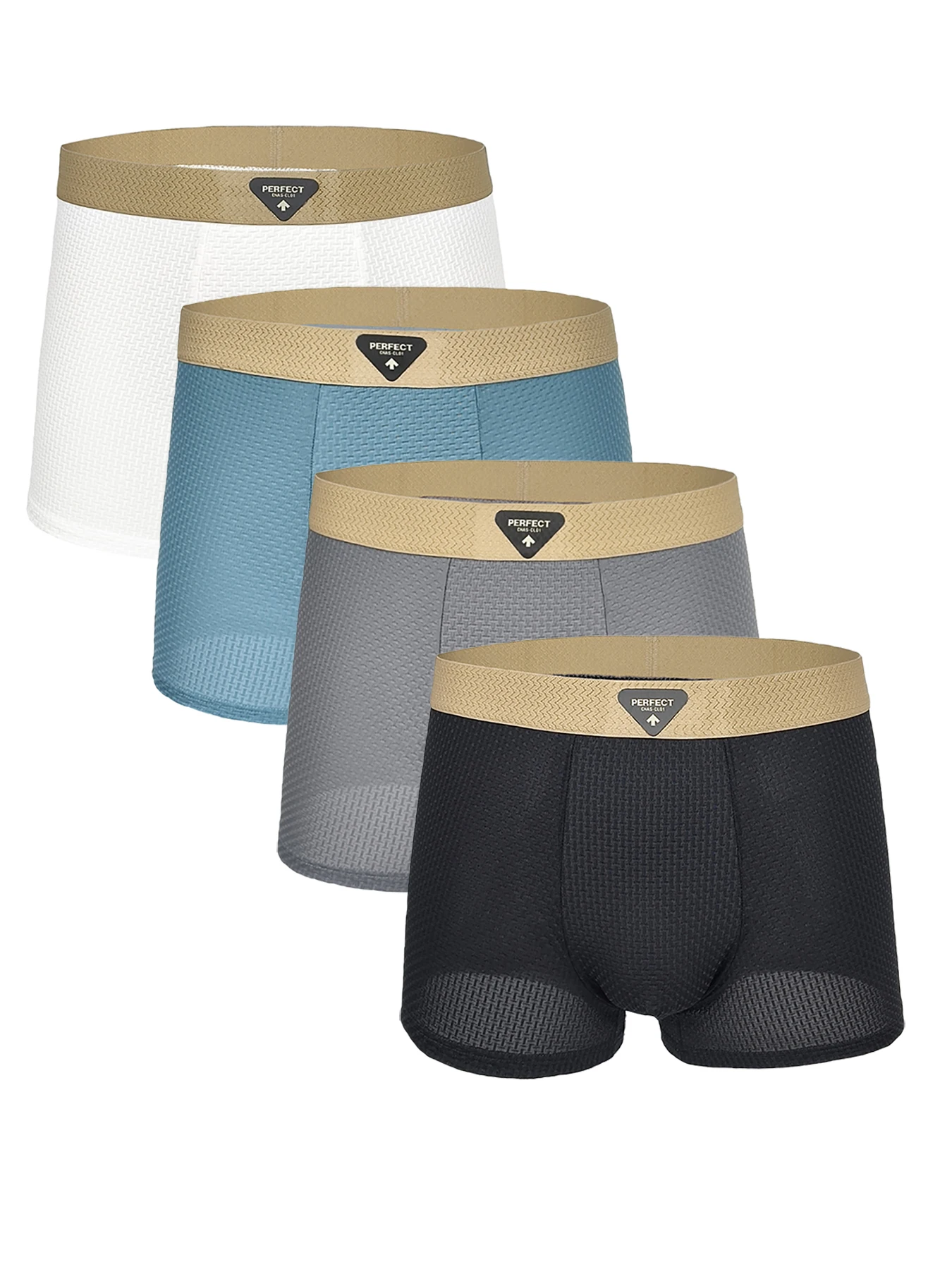 

Men's 4-Pack Ice Silk Textured Mesh Boxer Briefs - "PERFECT" Logo Waistband, Assorted Multicolor Underwear Set