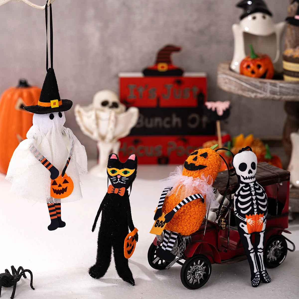 Halloween-Hängedekoration – gruselige schwarze Katze, Kürbis, Geister-Schädel-Ornament für die Heimparty – Detail 2