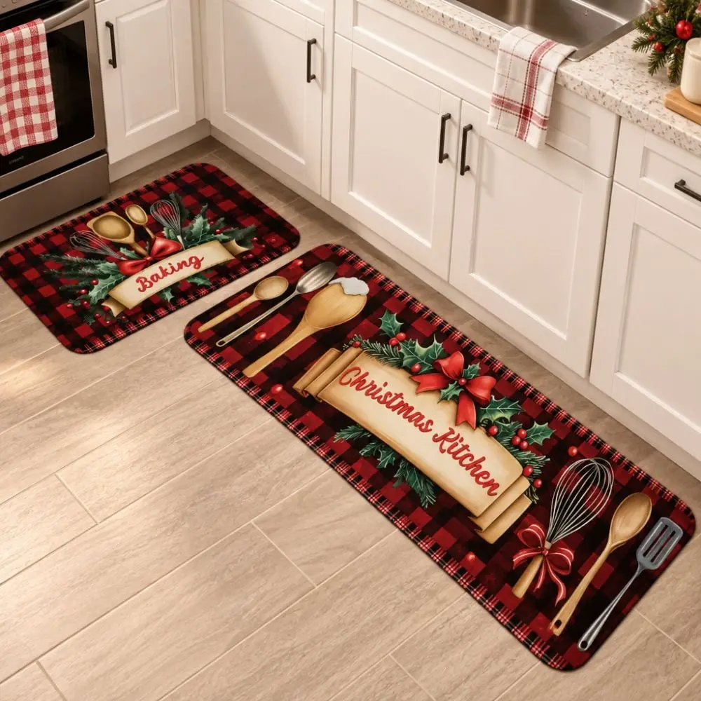 2 Pcs Diatomaceous Earth Christmas Kitchen Rug Set Non Slip Wear-resistant Christmas Kitchen Runner Stain-resistant