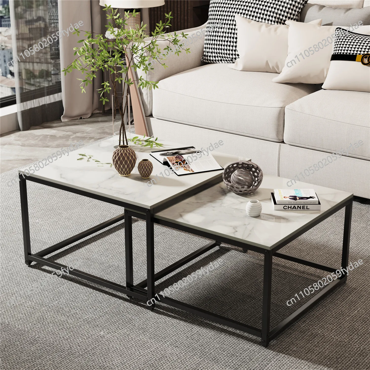Modern Nesting Coffee Table Set of 2 for Living Room Center Office, Square Marble Cocktail Table with Stackable, White/Black