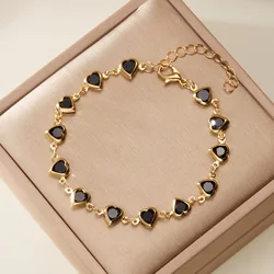 Vintage Gold Color Chain Bracelet for Women Elegant Black Zircon Heart Flower Cherry Bracelet Wedding Party Fashion Jewelry