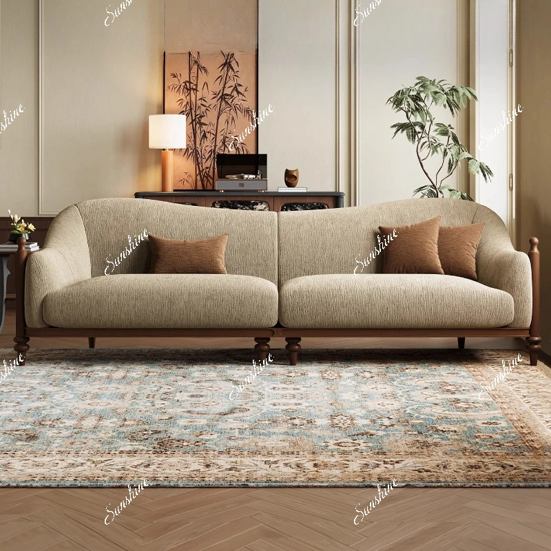 French retro style solid wood sofa small apartment living room straight row three people