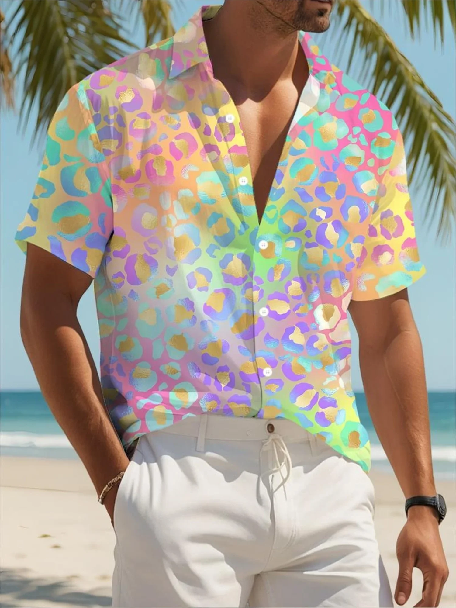 Summer Fresh Multicolor Wild Floral Mens Lapel Shirt Lightweight Breathable Polyester Travel Beach Daily Casual Blouse