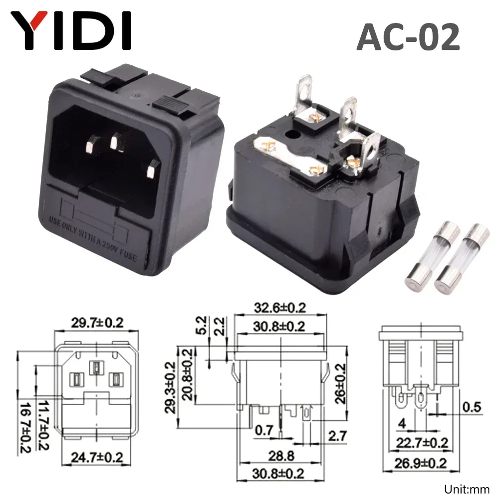 5pcs/lot 3 Pin IEC 320 C13 C14 Electrical Inlet AC Power Plug Socket Cable Wire Connector 10A 250V Fuse Rocker Switch Red Light