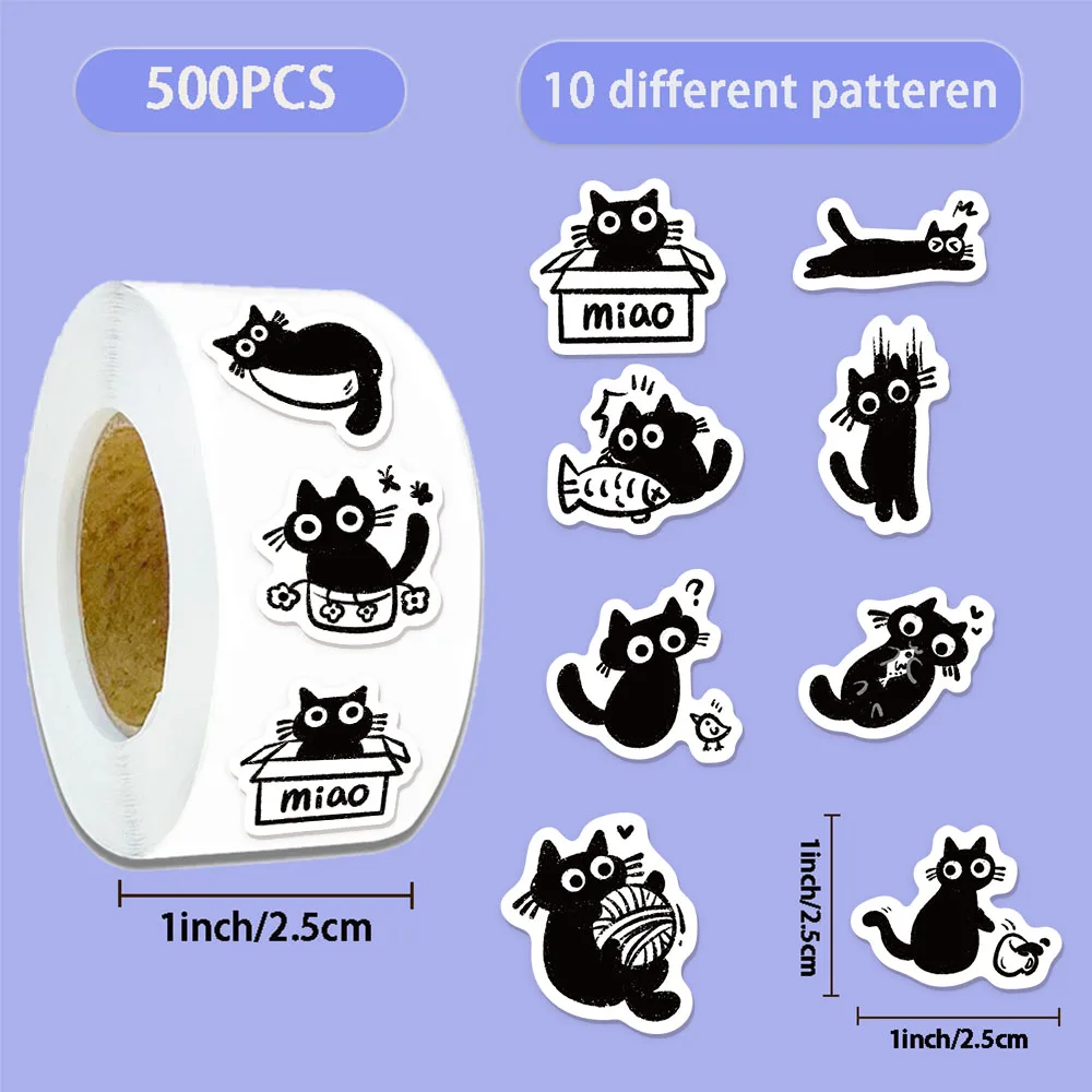 500PCS Small Black Cat Roll Sticker Graffiti Stickers DIY Phone Case Laptop Water Bottle Waterproof Stickers