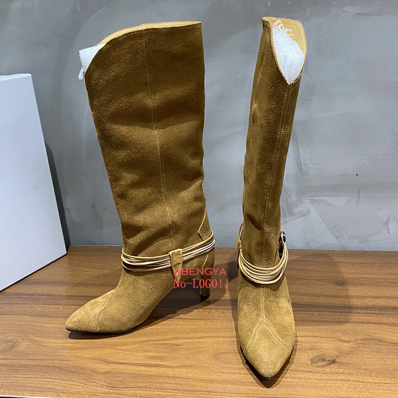 2025 Winter Brown Suede Knee High Boots Women Pointy Toe Middle High Heels Long Boots Designer Party Thigh High Boots For Women