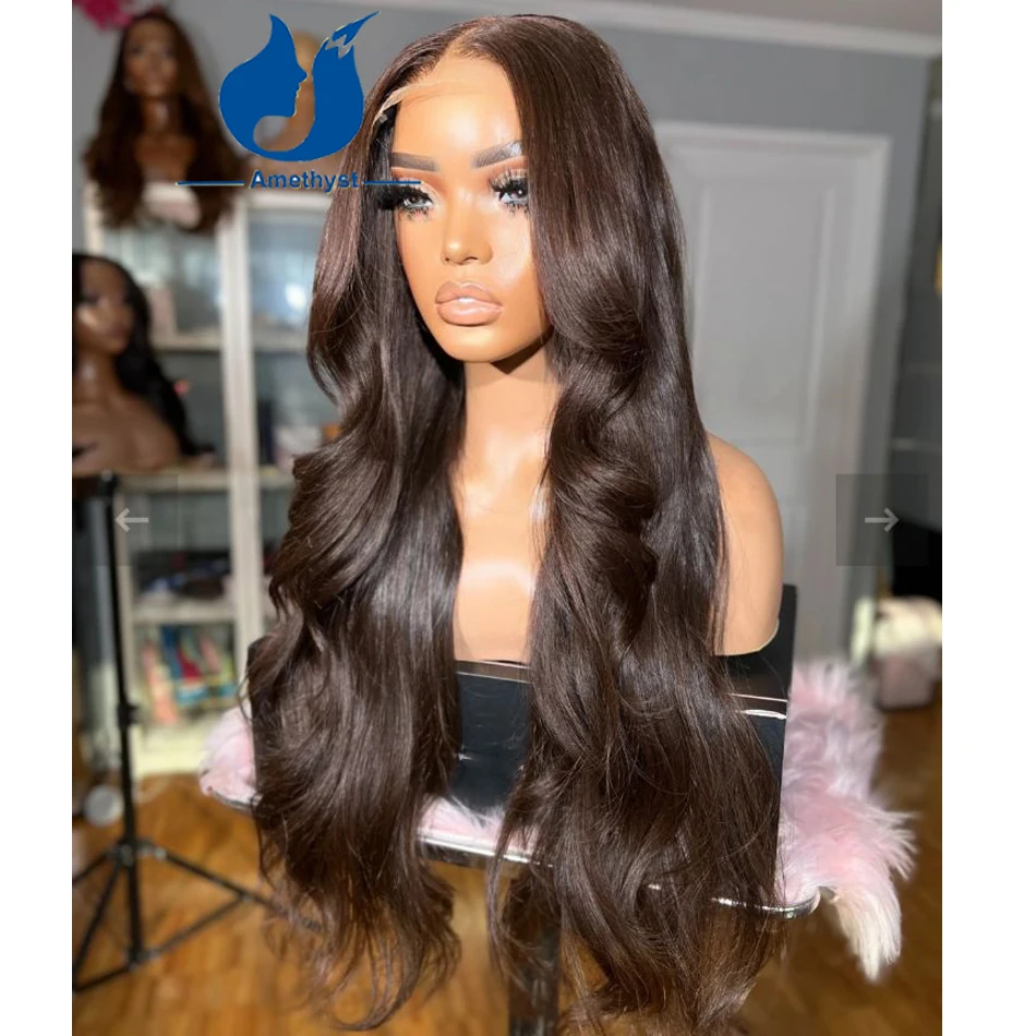 Amethyst 180% Wig rambut manusia kastanye coklat untuk wanita Brasil 13x4 Wig renda depan bagian tengah simpul diputihkan bergelombang dengan lapisan