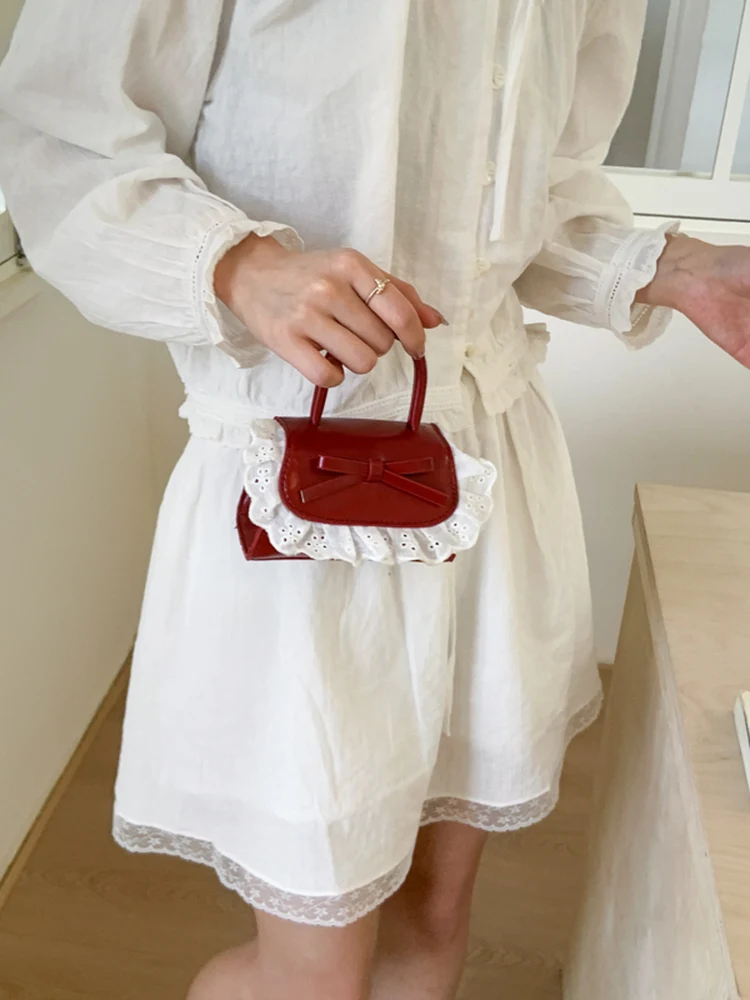 

Korean Style Women's High-end Texture Mini Square Bag 2025 Summer New Leather Crossbody Bag Bow Lace Handbag Lipstick Coin Purse