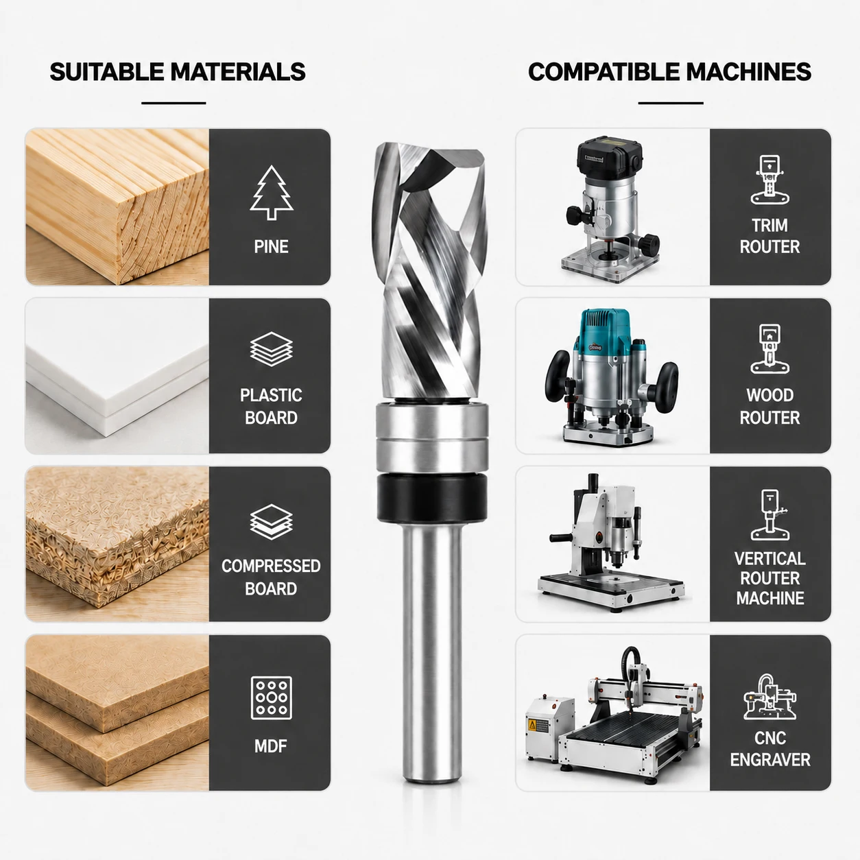 Template Guided Spiral Bearing Trim Router Bit 8mm 1/4