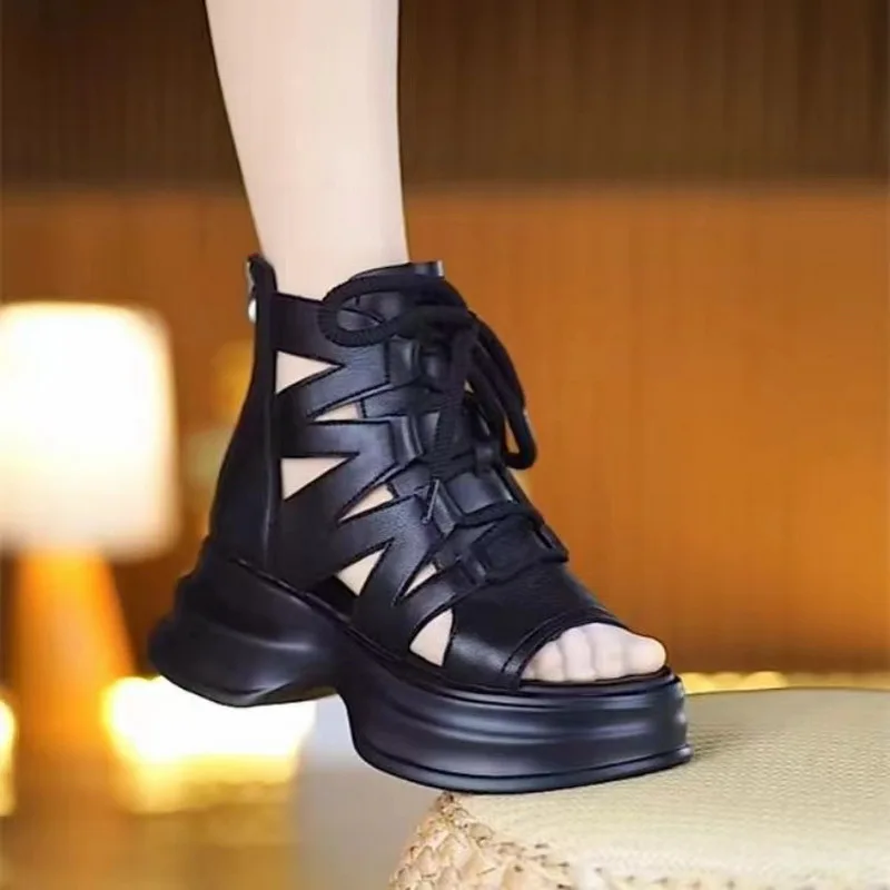 Retro Soft Leather Hollow Summer Cool Boots Open Toe Lace Up Flat Platform High Top Sandals for Womens Ladies Casual Roman Shoes