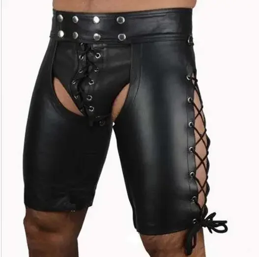2023 Sexy Lingerie Gay Men Faux Leather Lace Up Pants New Hot Black Mens Latex PVC Bondage Open Cortch Shorts Gothic Fetish