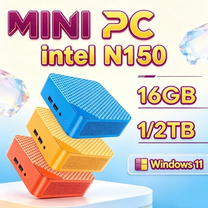 Mini PC Intel Core N150 Windows 11 Potent Pocket Computer 16GB RAM 1/2TB SSD WIFI6 BT5.2 4K Desktop PC Gaming Computer