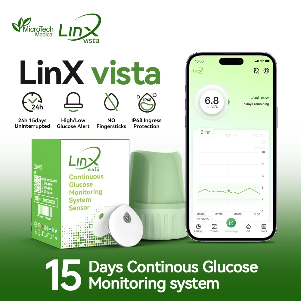 Sensor CGM MicroTech LinX Vista, Monitor de Salud para Diabetes de 15 Días, Sin Pinchazos en el Dedo, Calibrable
