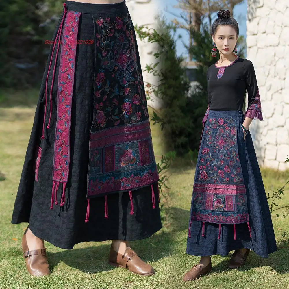 2025 women traditional ethnic tassel skirt national flower embroidery elastic waist midi skirt chinese vintage folk a-line skirt